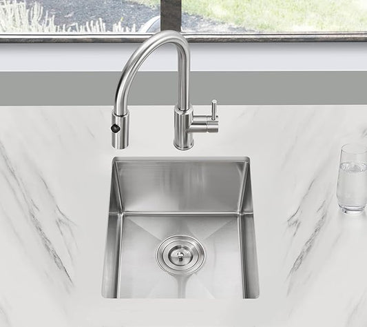 POPFLY 15x17 Inch Undermount Bar Prep Sink, 15” Undermount Rectangle Kitchen Sink, 304 Stainless Steel Single Bowl Small Kitchen Rv Sinks, Brushed