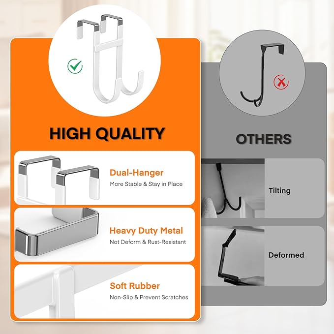 FYY Over The Door Hooks - 4 Pack Heavy Duty Dual-Hook Organizer Hanger with Non-Slip Rubber for Towels, Clothes, Hats & Bags Use in Bathroom, Bedroom, Kitchen - Fits Interior Doors Up to 1 3/8" White