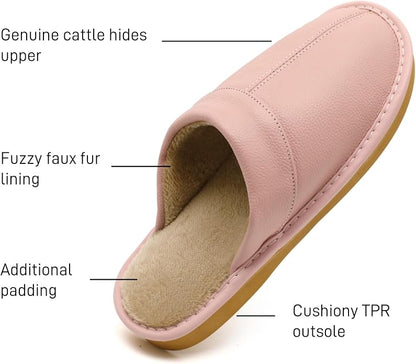 Slippers for Women Men, Genuine Leather Slippers Indoor Outdoor, Fuzzy Bedroom - Image 5