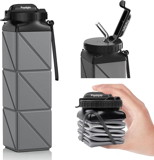 Collapsible Water Bottles 20.6oz Foldable Water Bottle BPA Free Reusable Lightweight LeakProof Travel Silicone Water Bottles for Travel Gym Hiking Camping (Upgrade Dark Grey)