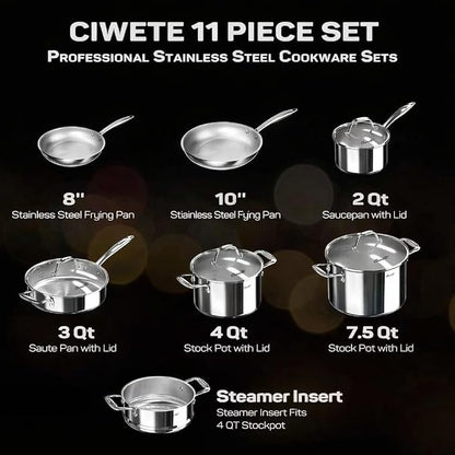 Ciwete 11-Piece Tri-Ply Stainless Steel Pots and Pans Set, 18/10 Stainless - Image 3