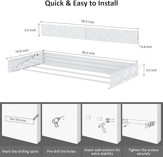 Laundry Drying Rack, Collapsible Wall Mounted Clothes Drying Rack - Foldable,Space Saving, 13.2 Linear Ft, 5 Aluminum Rods, 60 lb Capacity (White, 40" Wide)