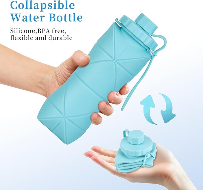 YCT Collapsible Silicone Travel Water Bottle 20oz (600ml), Reuseable Leakproof BPA Free Foldable Sports Bottle, with Carrying Strap, Dark Blue + Pink