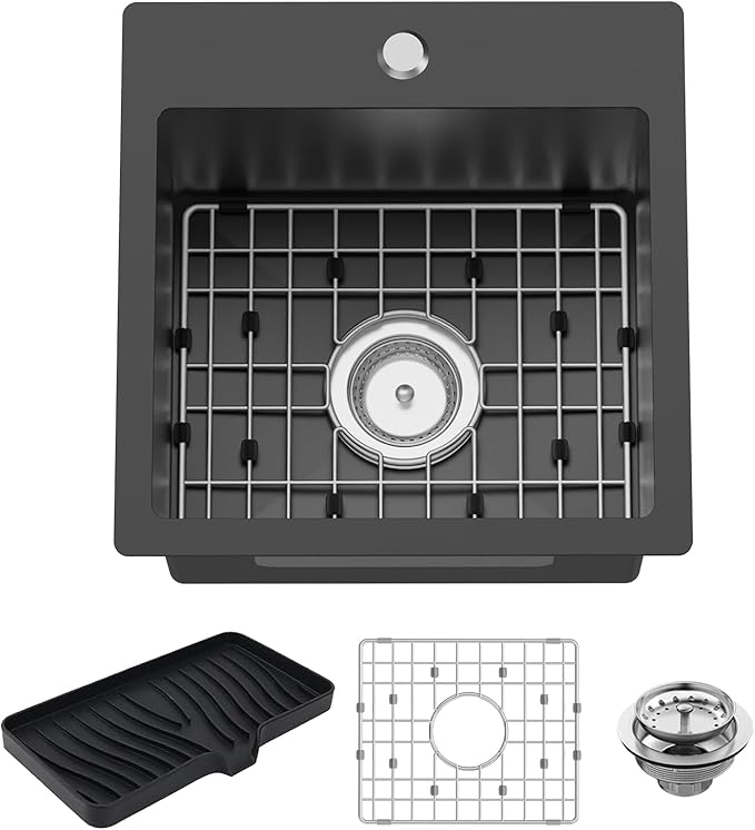 Small Black Kitchen Sink,15x15 Inch Stainless Steel Drop In Topmount Kitchen And Bar Sink Ideal Choice For For Small Space, Prep Area, RV With Bottom Grid,Soap Mat And Drain Assembly