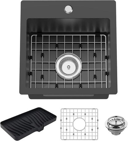 Small Black Kitchen Sink,15x15 Inch Stainless Steel Drop In Topmount Kitchen And Bar Sink Ideal Choice For For Small Space, Prep Area, RV With Bottom Grid,Soap Mat And Drain Assembly