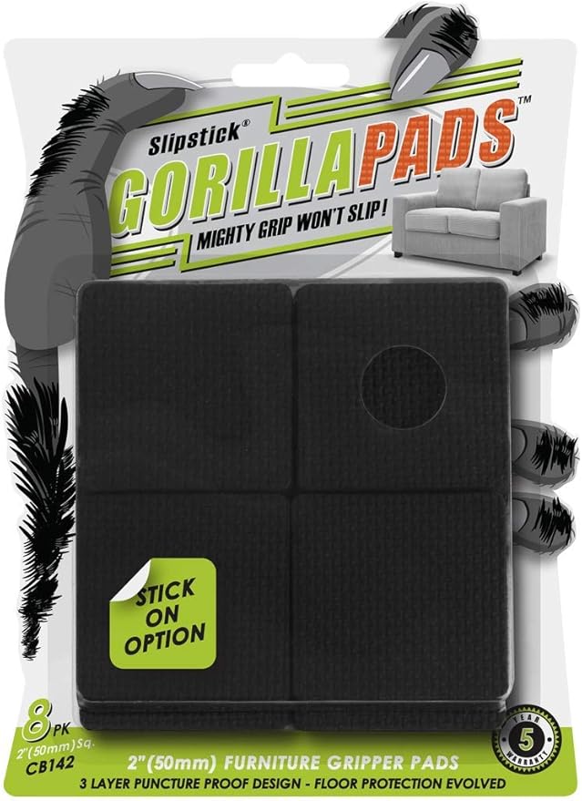 Slipstick GorillaPads CB142 Non-Slip Furniture Pads/Grippers (Set of 8) Furniture Leg Floor Protectors, 2 Inch Square, Black