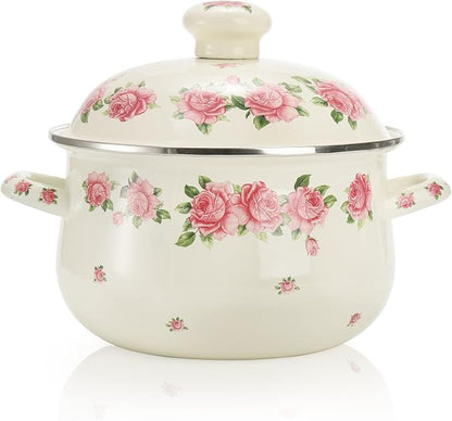 SOUJOY Enamel Stockpot with Lid, 2.8 Quart Retro Cooking Pot, Vintage Floral by SOUJOY