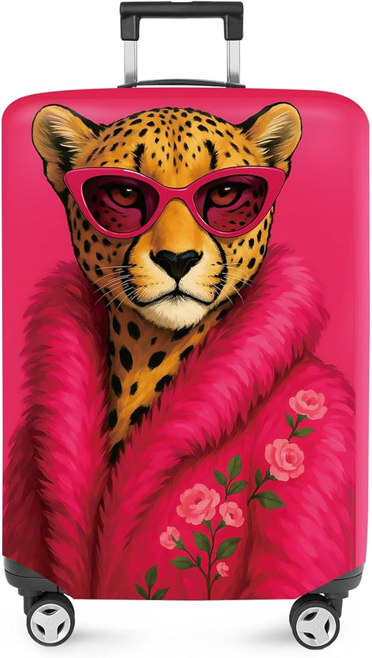 ANNA QUEEN Fashionable Leopard Luggage Cover, Leopard in Pink Coat and Sunglasses, Stretchable, Washable Travel Sleeve for 32-34 Inch Luggage
