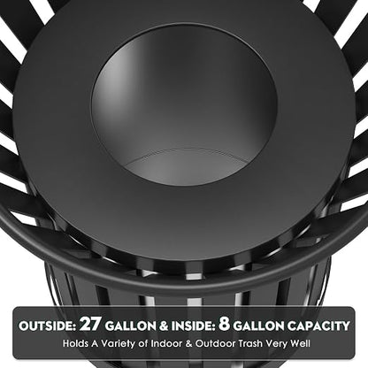 8Gallon Round Large Outdoor Trash Can, Heavy Duty Metal Slatted Garbage Can - Image 5