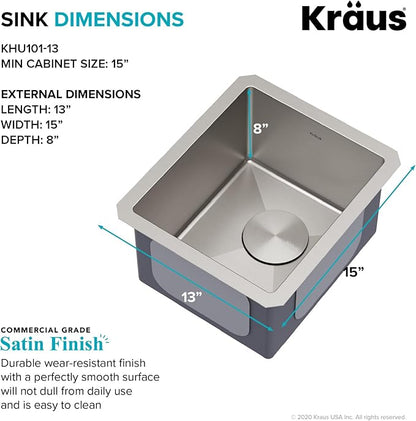 KRAUS Standart Pro 13-inch Undermount Single Bowl 16 Gauge Stainless Steel Bar Kitchen Sink, KHU101-13