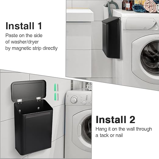 Picowe Magnetic Laundry Storage, Large Metal Lint Holder Bin with Lid for Laundry Room, Space-Saving Trash Container Hanging on Dryer, Washer or Wall Mount Trash Bin (Black)