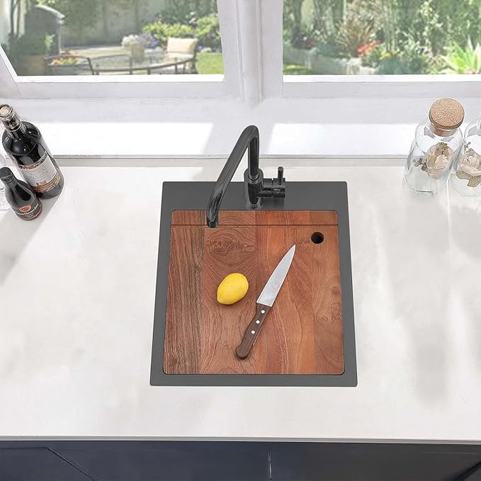 COMLLEN 17x19 Inch Black Drop in Bar Sink, 304 Stainless Steel Utility Kitchen Workstation,Gunmetal 9 Inch Deep Wet Bar Sink, RV Laundry Prep Kitchen Sinks with Dish Grid & Drain & Cutting Board