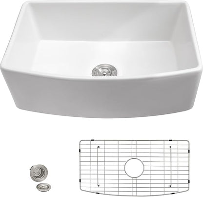 30 White Farm Sink - Fulorni 30"x19" Farmhouse Kitchen Sink Curved Apron Front Ceramic Porcelain Fireclay Single Bowl Farmer Style Basin