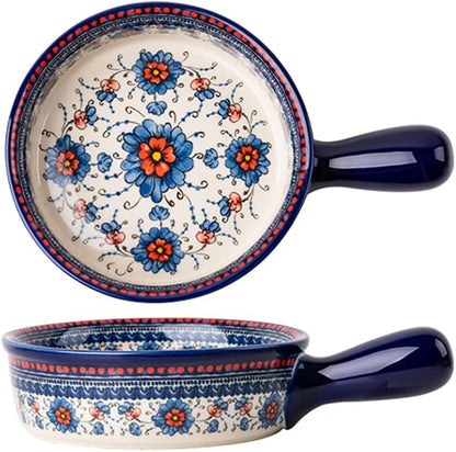 Blue and Orange Flower Vintage Style Ceramic Bakeware Casserole Dish Baking Pan by Bicuzat
