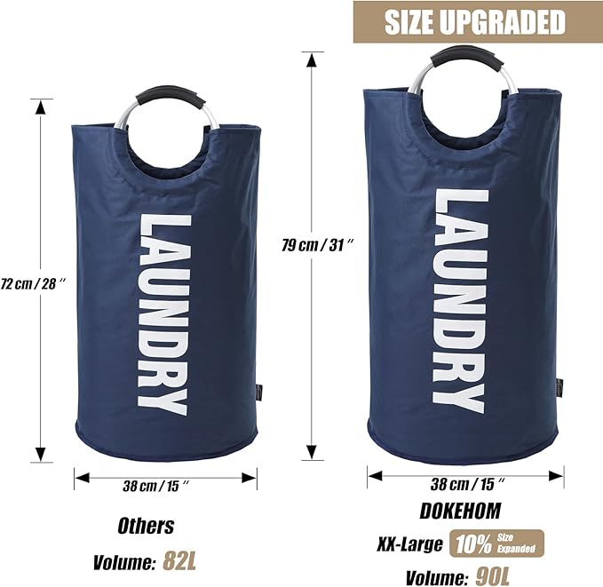 DOKEHOM 90L Large Laundry Basket, Collapsible Laundry Bag, Freestanding Tall Clothes Hamper, Foldable Washing Bin (Dark Blue)