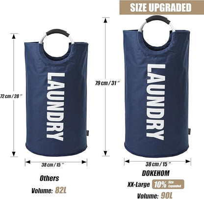 DOKEHOM 90L Large Laundry Basket, Collapsible Laundry Bag, Freestanding Tall Clothes Hamper, Foldable Washing Bin (Dark Blue)