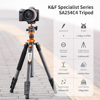 K&F Concept 63" Carbon Fiber Camera Tripods,D254C1+BH-28L Compact Tripod with Detachable Monopod, Metal Ball Head 22lbsLoad Capacity with Quick Release Plate for SLR DSLR Digital Camera/Camcorder