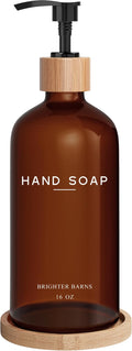 Amber Glass Hand Soap Dispenser Bathroom Set by Brighter Barns - Hand Soap Dispenser for Kitchen Sink & Bathroom - Bamboo Glass Bottle with Tray - Modern Home Decor for Spa, RV, Fitness Center (Amber)