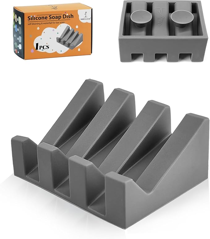 Silicone Soap Dish for Bar Soap Holder for Shower Bathroom Self Draining Waterfall Drying Tray Keep Soap Bars Dry Clean & Easy Cleaning (Gray, 1)