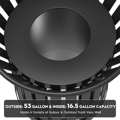 17Gallon Round Large Outdoor Trash Can, Heavy Duty Metal Slatted Garbage Can - Image 5