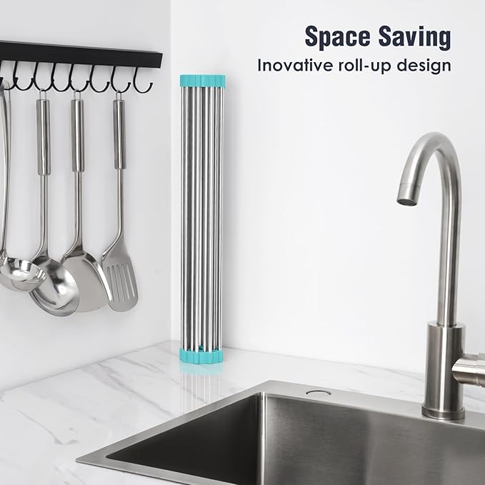 Tomorotec 21" x 15.5" Roll Up Dish Drying Rack Over Sink Drying Rack Sink Cover Kitchen Sink Accessories Gadget Multipurpose Organizer Foldable Stainless Steel Drainer
