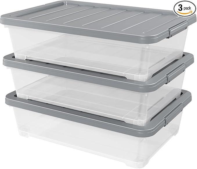 Readsky 3 Packs Large Clear Wheeled Latching Box, 40 L Plastic Underbed Storage Box with Gray Lid