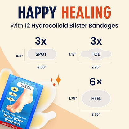 Dr. Frederick's Original Better Blister Bandages - 12ct - Water Resistant - 40% More Cushioning - Hydrocolloid Bandages for Foot, Toe, & Heel - Blister Pads for Prevention & Recovery - Variety Pack