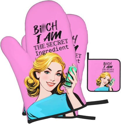 Funny Oven Mitts and Pot Holders Sets, Cute Pink Heat Resistant Oven Gloves and - Image 2