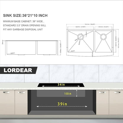 Lordear 36 Inch Double Bowl Farmhouse Kitchen Sink 36"x20-3/4"x10" Double Basin Undermount Farmhouse Kitchen Sinks 60/40 Apron Front 16 Gauge Farm Sinks