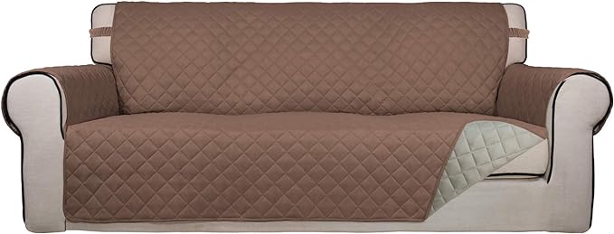 PureFit Reversible Quilted Sofa Cover, Water Resistant Slipcover Furniture Protector, Washable Couch Cover with Non Slip Foam and Elastic Straps for Kids, Pets (X Large, Brown/Beige)