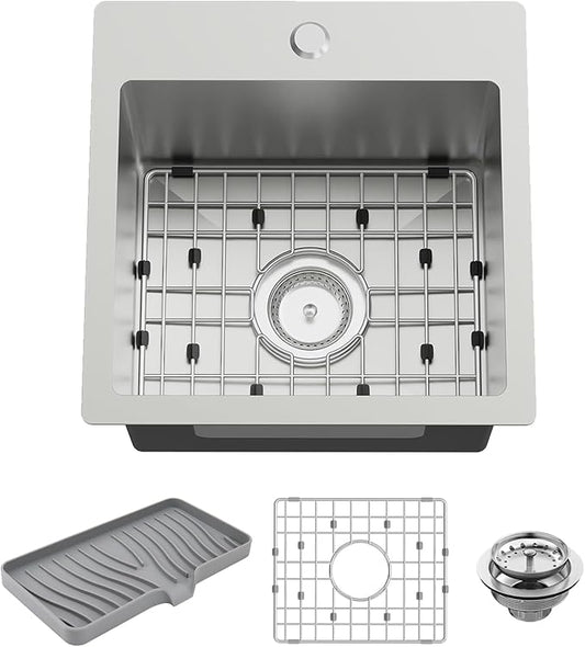 Small Kitchen Sink,15x15 Inch Bar Sink Stainless Steel Drop In Small Kitchen Sink Ideal Choice For Small Space Nice As Toprmount Prep Sink,RV Kitchen Sink With Bottom Grid,Soap Mat And Drain Assembly