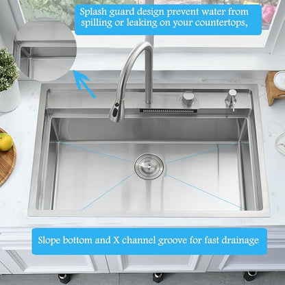 33 Inch Drop In Waterfall Kitchen Sink Workstation-Bokaiya 33x19 Drop In Kitchen Sink with Faucet Combo Stainless Steel Waterfall Sink Top Mount 16 Gauge 10" Deep Single Bowl Kitchen Sinks