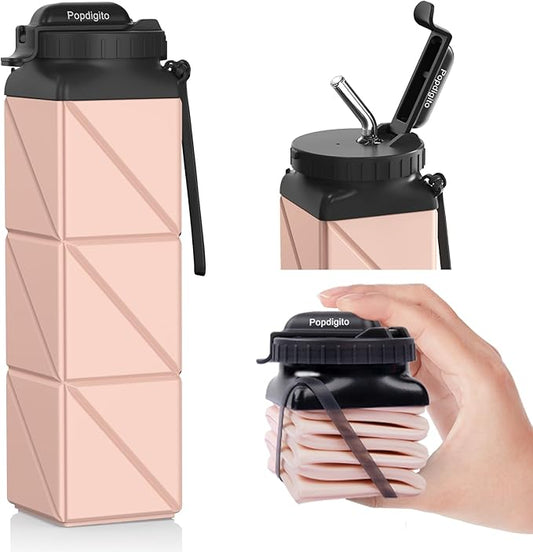 Collapsible Water Bottles 20.6oz Foldable Water Bottle BPA Free Reusable Lightweight LeakProof Travel Silicone Water Bottles for Travel Gym Hiking Camping (Upgrade Light Pink)