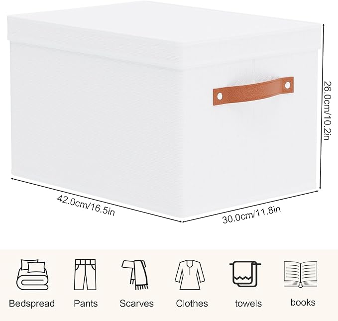 Fabric Storage Bins, Clothes Boxes for Shelves with Lids, 3 Pack Baskets for Organizing with Handles, Decorative Linen Closet Organizers, White, 16.5 x 11.8 x 10.2 Inch