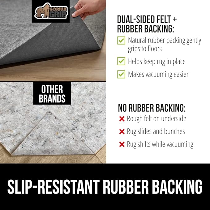 GORILLA GRIP Felt and Natural Rubber Stay in Place Slip Resistant Rug Pad, 1/4in Thick, 3x5 FT Protective Padding Under Area Rugs, Cushioned Gripper Pads, Carpet Runners, Hardwood Floors Protection