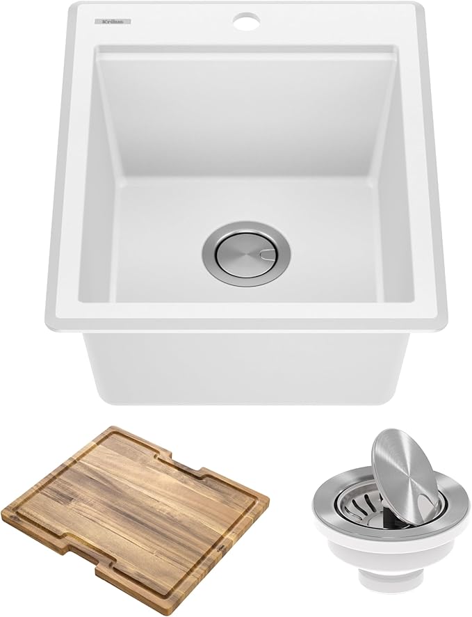 KRAUS Bellucci 18-inch Granite Workstation Drop In Top Mount Single Bowl Kitchen Sink in White with Accessories, KGTW12-18WH