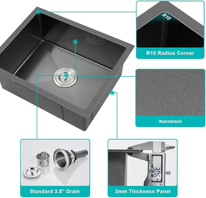 20-inch Undermount Kitchen Sink Black, T304 Stainless Steel Single Bowl Kitchen Sink Undermount, 9-inch Deep Sink Bowl Small Bar Sink, D20"xW16"xH9"