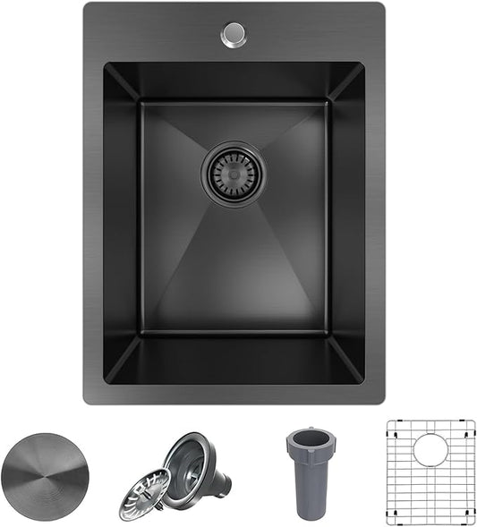 15x20 Drop In Bar Sink Black, 15 Inch Gunmetal Black Wet Bar Sink 18 Gauge Single Bowl Topmount Stainless Steel Small Kitchen Sink with Basket Strainer Drain & Bottom Grid