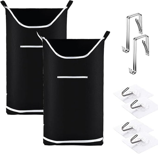 Hanging Laundry Hamper Bag Behind Door Hampers for Laundry Hanging Save Space Zipper Laundry Hamper Door Hanging with 2 PCs Stainless Steel Hooks Suction Hooks for Wall/Bathroom (Black-2Pack)