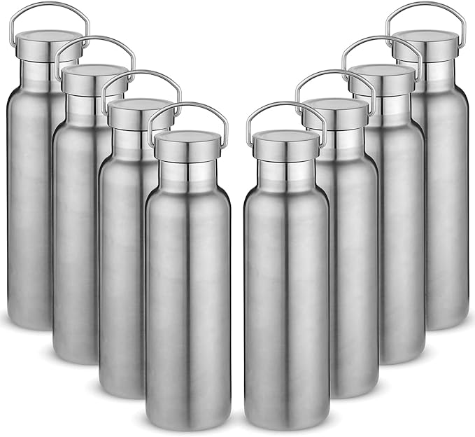 Neihepal 20 oz Insulated Water Bottles Bulk 8 Pack,Stainless Steel Double Wall Sport Bottle with Lid of Handle,Metal Reusable Thermoses Flask with Cup Cap for School,Hikers,Gift (Silver,Set of 8)