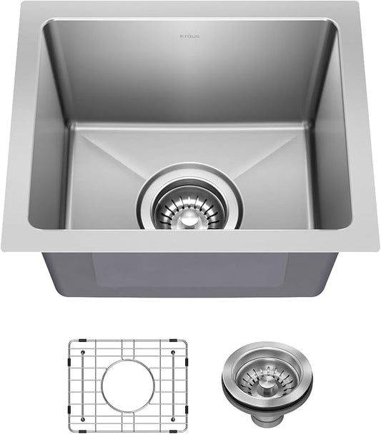 KRAUS Fairlane 15-inch Undermount Single Bowl 18-Gauge Stainless Steel Kitchen Bar Sink, KHU631-15