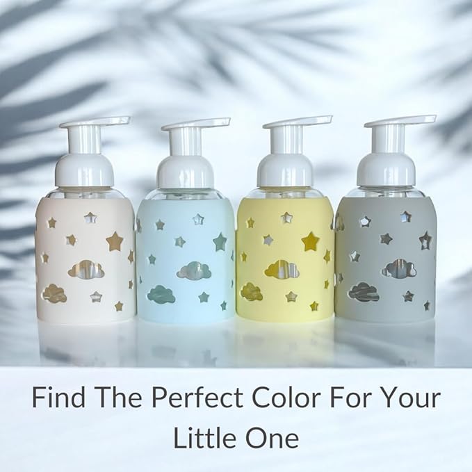 SoCal Suds & Company Glass Foaming Hand Soap Dispenser, Soft Grip Silicone Sleeve, Refillable Pump Bottle for Kids, Baby Wash & Shampoo, Ideal for Home Use, Light Yellow 8oz