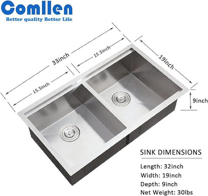 COMLLEN 33 Inch Double Bowl Undermount Kitchen Sink,33x19 Inch Workstation 16 Gauge Stainless Steel Double Kitchen Sinks with Cutting Board,9 Inch Deep Sink Maximizes Space Efficiency