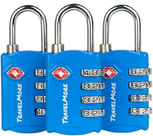 3 Pack TSA Luggage Locks with 4 Digit Combination – Heavy Duty Set Your Own Padlocks for Travel, Baggage, Suitcases & Backpacks - Blue