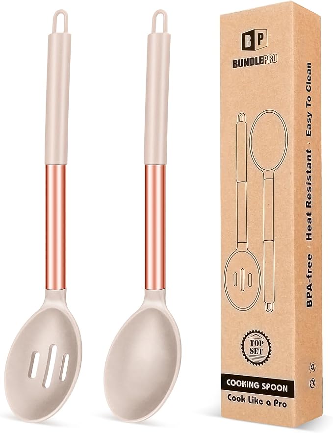 Pack of 2 Large Silicone Cooking Spoons, Non Stick Solid Basting Spoon by BUNDLEPRO