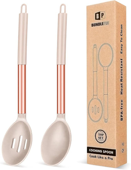 Pack of 2 Large Silicone Cooking Spoons, Non Stick Solid Basting Spoon by BUNDLEPRO