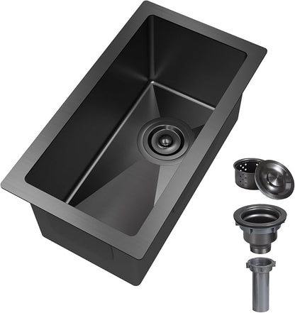 10 inch Bar Sink Undermount, 10x18 inch Small Bar Sink Gunmetal Black Undermount Small Kitchen Sinks 18 Gauge Single Bowl Wet Bar Sinks with Basket Strainer Drain