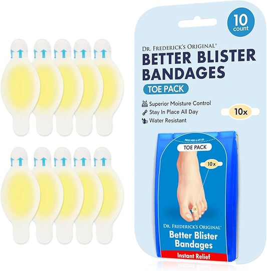 Dr. Frederick's Original Better Blister Bandages - 10 ct - Water-Resistant - 40% More Cushioning - Hydrocolloid Pads for Foot & Toe Protection & Recovery - Blister Relief Pads - Toe Pack
