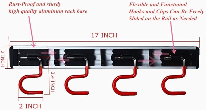 QBOSO Wall Mounted Mop and Broom Holder Stainless Steel S Type Broom Rack Anti-Slip Mop Organizer (17 Inches,4 Positions 3 Hooks, Red black) (17inch)