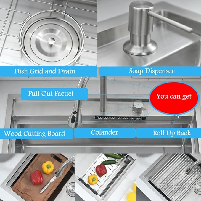 33 Inch Drop In Waterfall Kitchen Sink Workstation-Bokaiya 33x19 Drop In Kitchen Sink with Faucet Combo Stainless Steel Waterfall Sink Top Mount 16 Gauge 10" Deep Single Bowl Kitchen Sinks